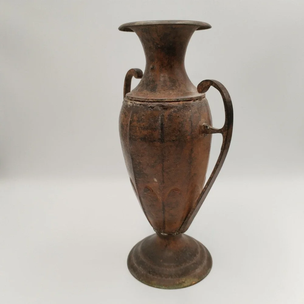 Vintage 10 In Solid Brass Double Handle Urn Vase Grecian Vessel Rustic Patina